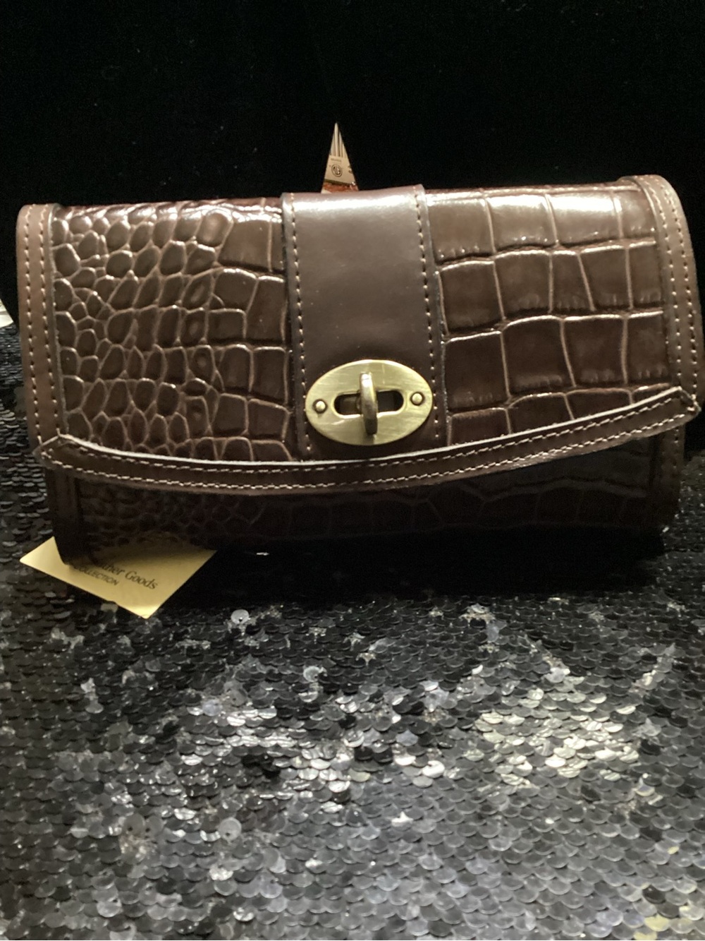 Patricia Nash Brown Croc-Embossed Leather Clutch with Turn-Lock Closure